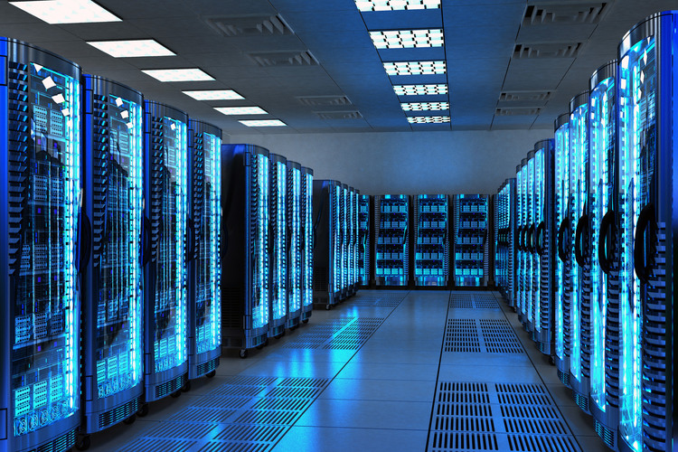 Server racks with telecommunication equipment in server room